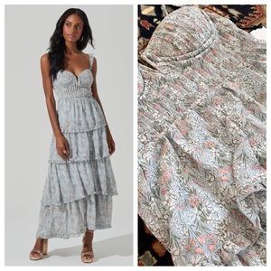 NWT Revolve ASTR the Label blue floral maxi tiered corset top ruffle L